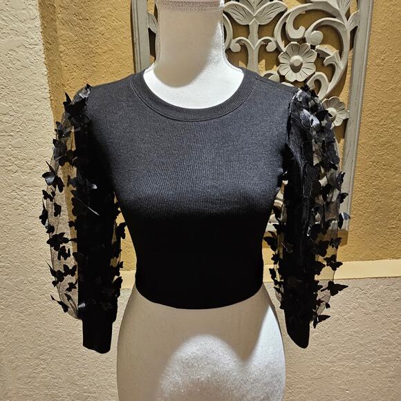 Tween Diva 8 Butterfly Mesh Sleeve Crop Top Croquette Goth Inspired Y2K Cute - Picture 3 of 11